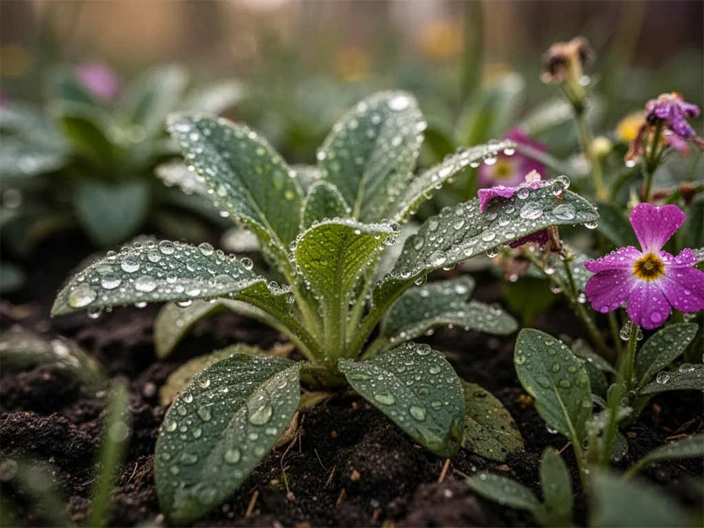 Main posant des plantes vivaces dans un carré de terre préparé
