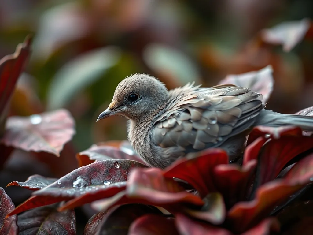 Un bébé pigeon au plumage encore clairsemé, le bec ouvert, attendant d'être nourri dans un nid sommaire.