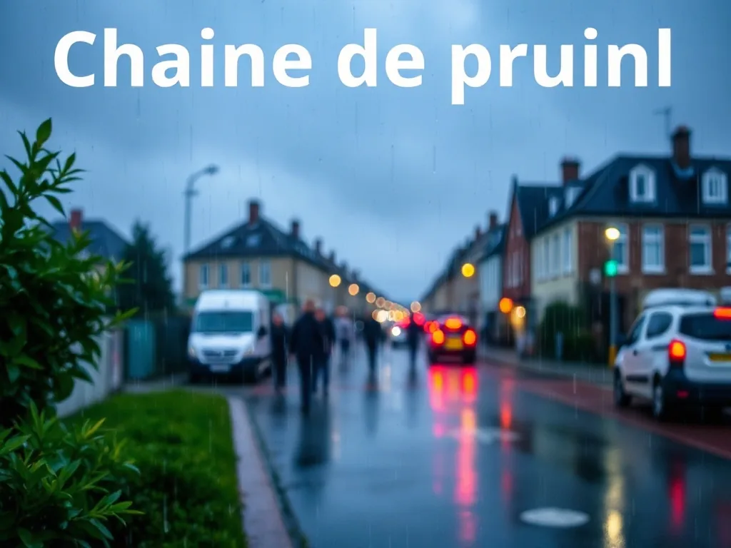 Une chaîne de pluie en cuivre patiné suspendue à une gouttière, guidant l'eau le long de godets décoratifs vers un bac en