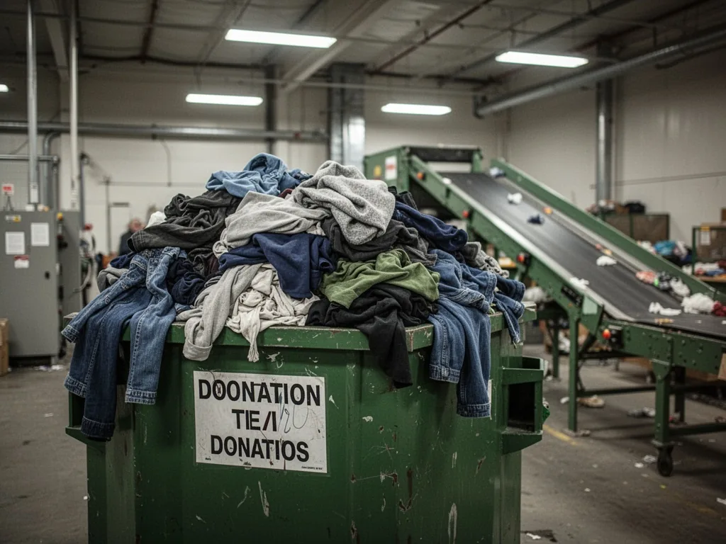 A textile donation bin with clothes overflowing, industrial warehouse interior, conveyor belt in background, soft overhe