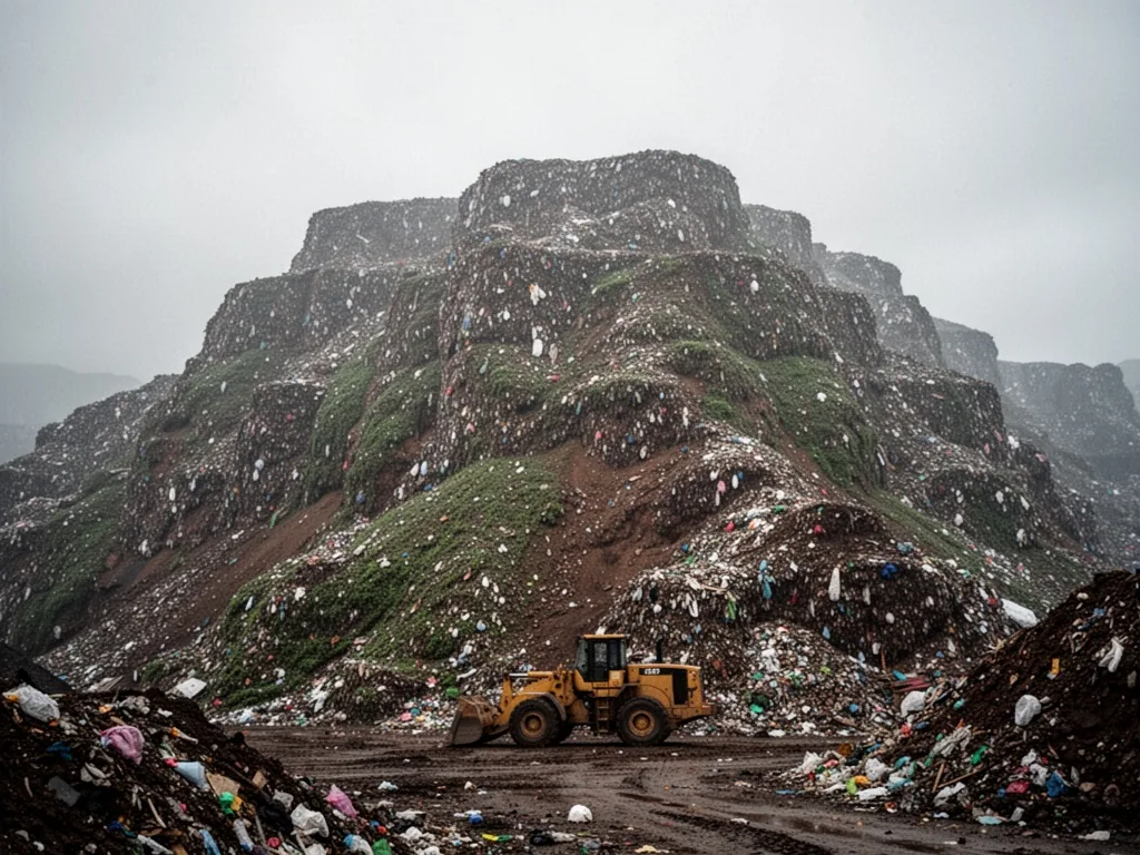 A towering mountain of compacted household waste under a grey overcast sky, a lone yellow bulldozer at its base, muted g
