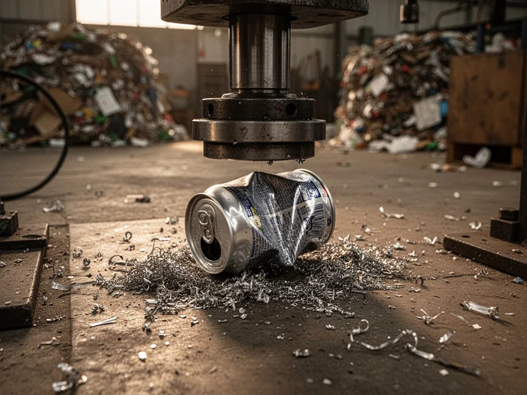 A crushed aluminium can being flattened by a hydraulic press, metal shavings on concrete floor, warm tungsten light in a