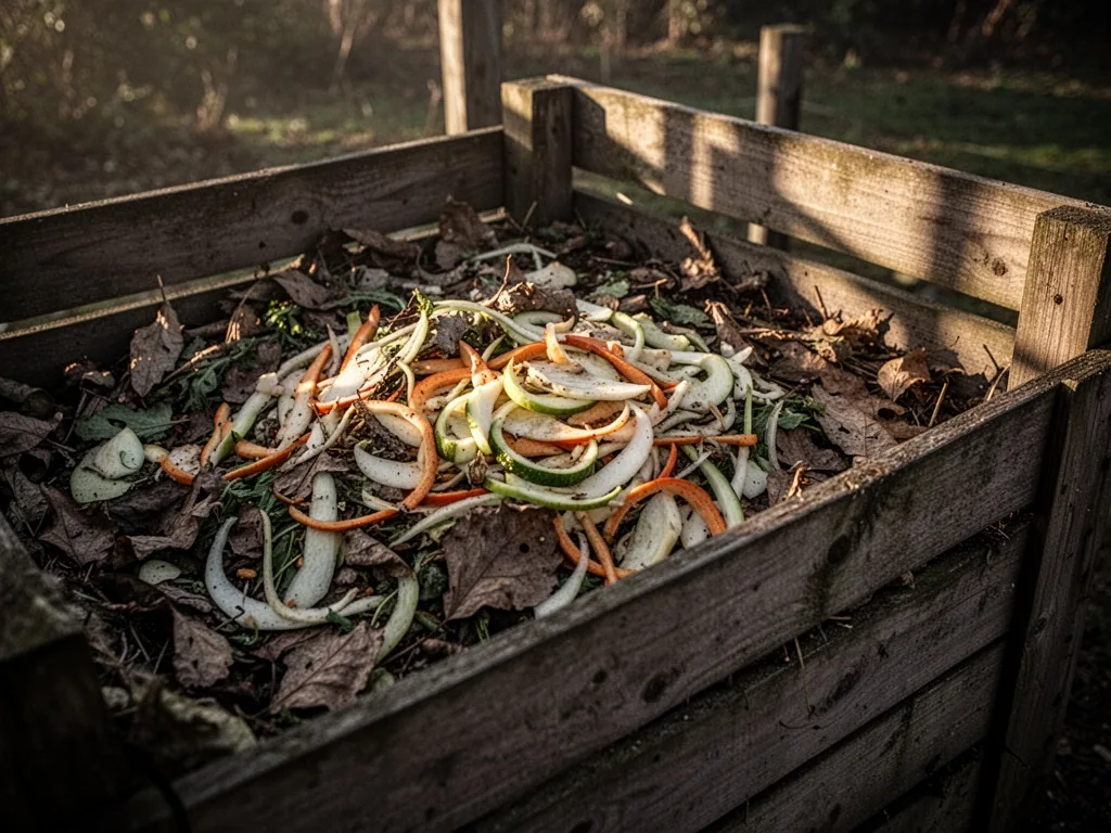 A wooden compost bin filled with layered vegetable peels and dry leaves, morning sun casting long shadows, earthy brown