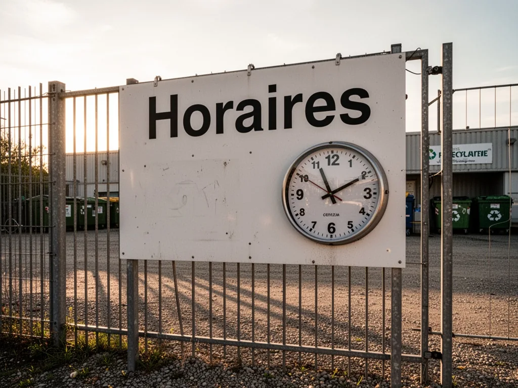 A large white signboard with black lettering 'Horaires' and an analog clock face showing 9:15, mounted on a metal fence