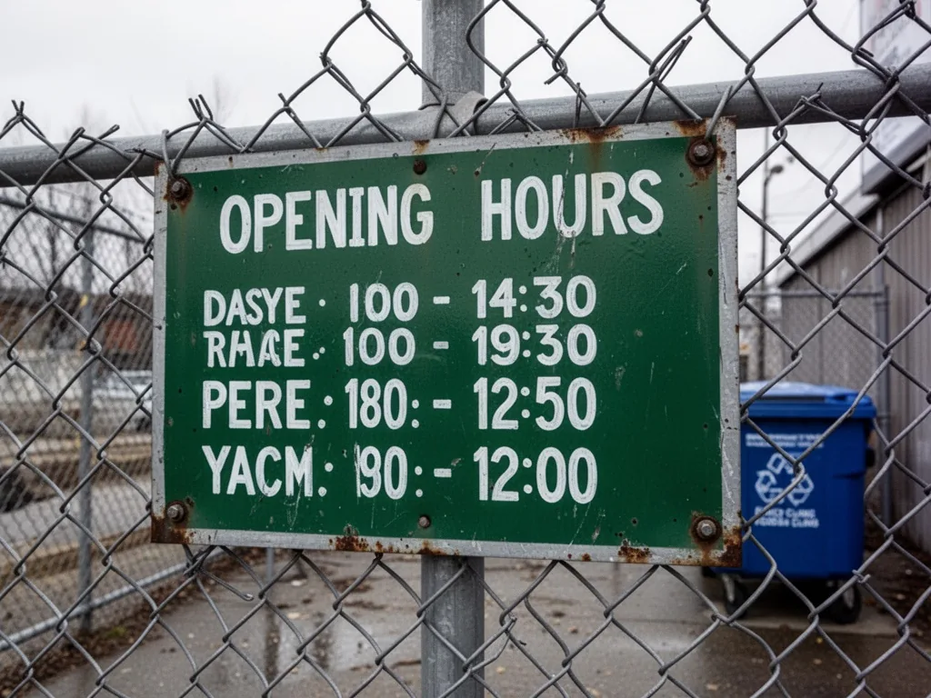 A rectangular metal sign with white painted opening hours on a green background, bolted to a chain-link fence, overcast