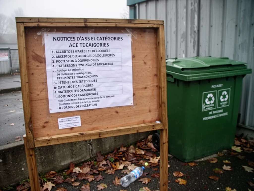 A wooden notice board with a printed list of accepted waste categories in French, pinned beside a green recycling bin, s