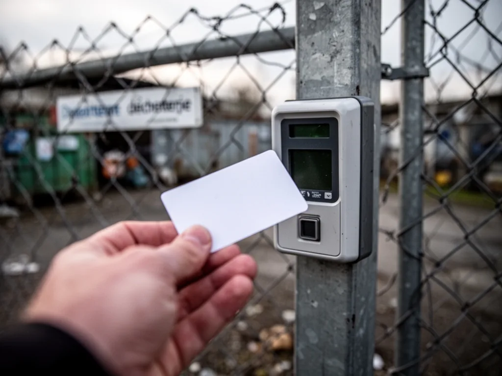 A white plastic access card held near a card reader on a metal pole at a déchetterie entrance, morning light, shallow de