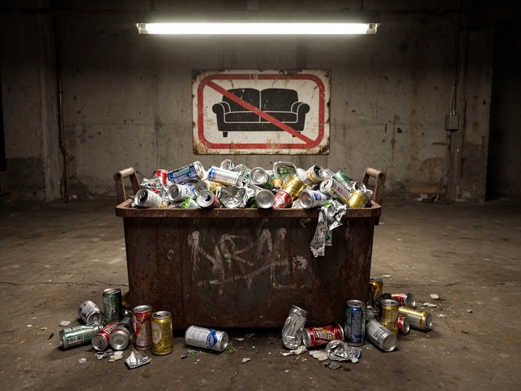 A rusty metal bin overflowing with crushed aluminum cans, a faded sign showing a crossed-out sofa, concrete floor, harsh