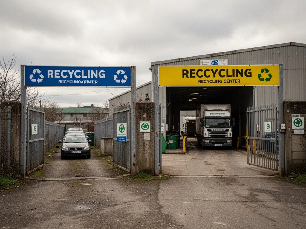 Two separate gated entrances to a recycling center, one narrow for cars with a blue sign, one wider for trucks with a ye