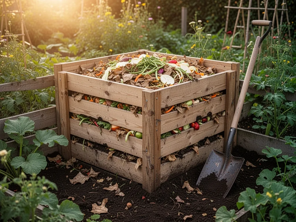 A wooden compost bin filled with layered vegetable scraps and dry leaves, set in a lush garden corner with a pitchfork l