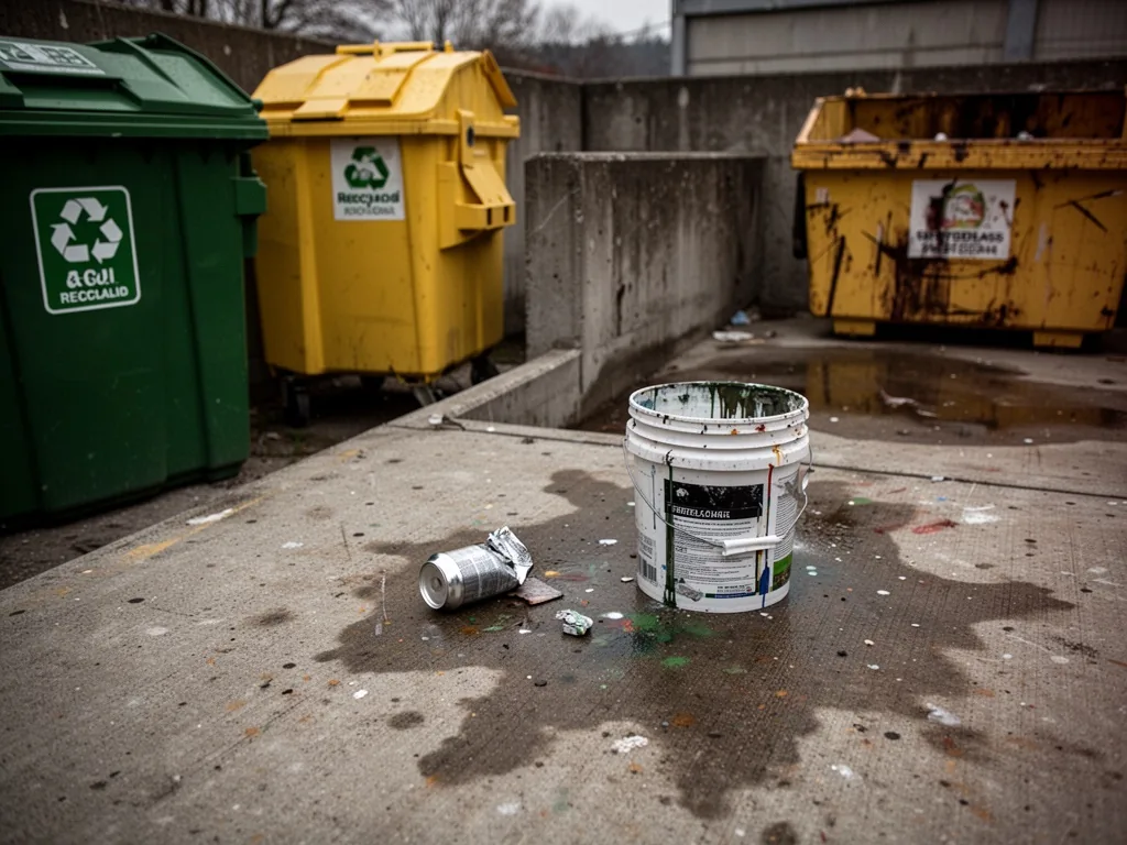 A crushed aluminum can and a discarded paint bucket on a stained concrete sorting area, green recycling bin beside a yel