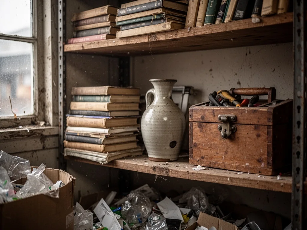 A shelf filled with stacked books, a ceramic vase, and a wooden toolbox in a reuse area of a recycling center, soft side