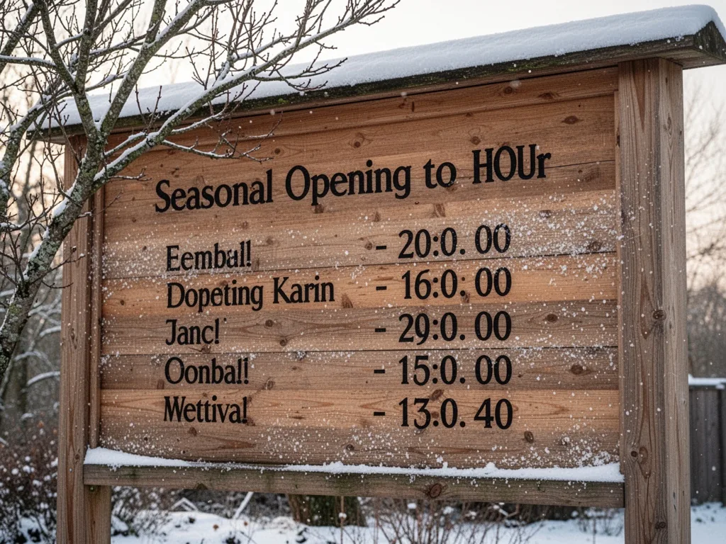 A large wooden signboard with seasonal opening hours printed in black, dusted with light snow, flanked by a leafless tre