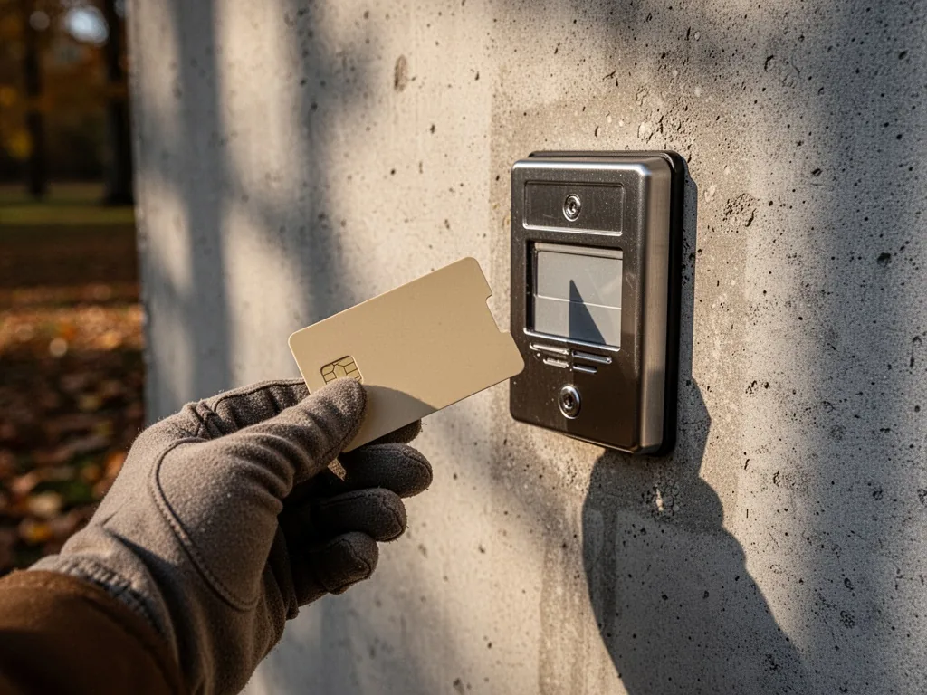 A beige plastic access card held by a gloved hand near a metal card reader on a grey concrete wall, afternoon daylight c