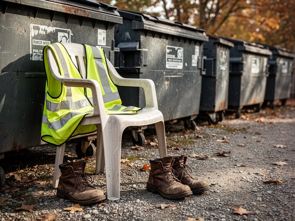 A reflective safety vest draped over a plastic chair beside a row of industrial dumpsters, midday light, worn boots on g