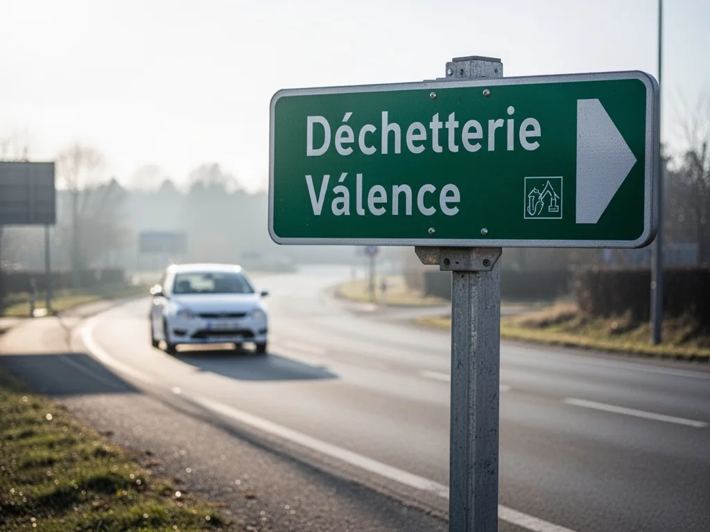 A green directional signpost for 'Déchetterie Valence' mounted on a metal pole, a white car's blurred silhouette approac