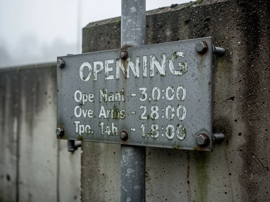A metal signpost displaying opening hours, bolted to a concrete wall, worn letters in faded white paint, soft overcast m