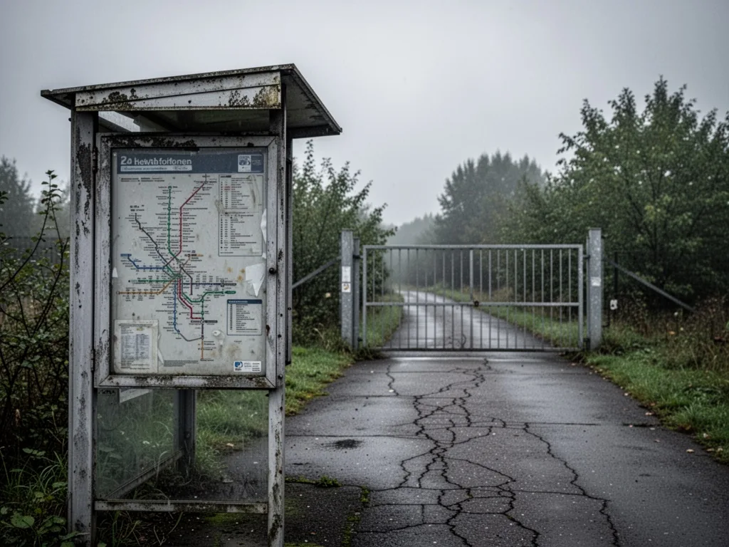 A weathered bus stop sign with route map, cracked asphalt path leading to a metal gate, grey sky, muted green foliage