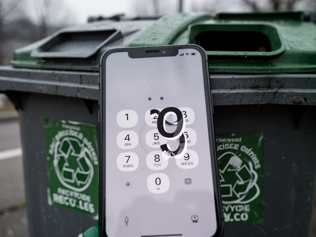 A close-up of a phone screen showing a dial pad with a bold number, pressed against a recycling bin, diffuse daylight