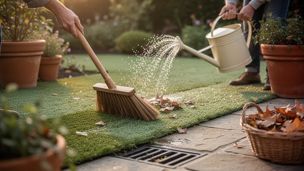 Gazon synthétique propre après brossage, montrant des brins redressés et drains visibles