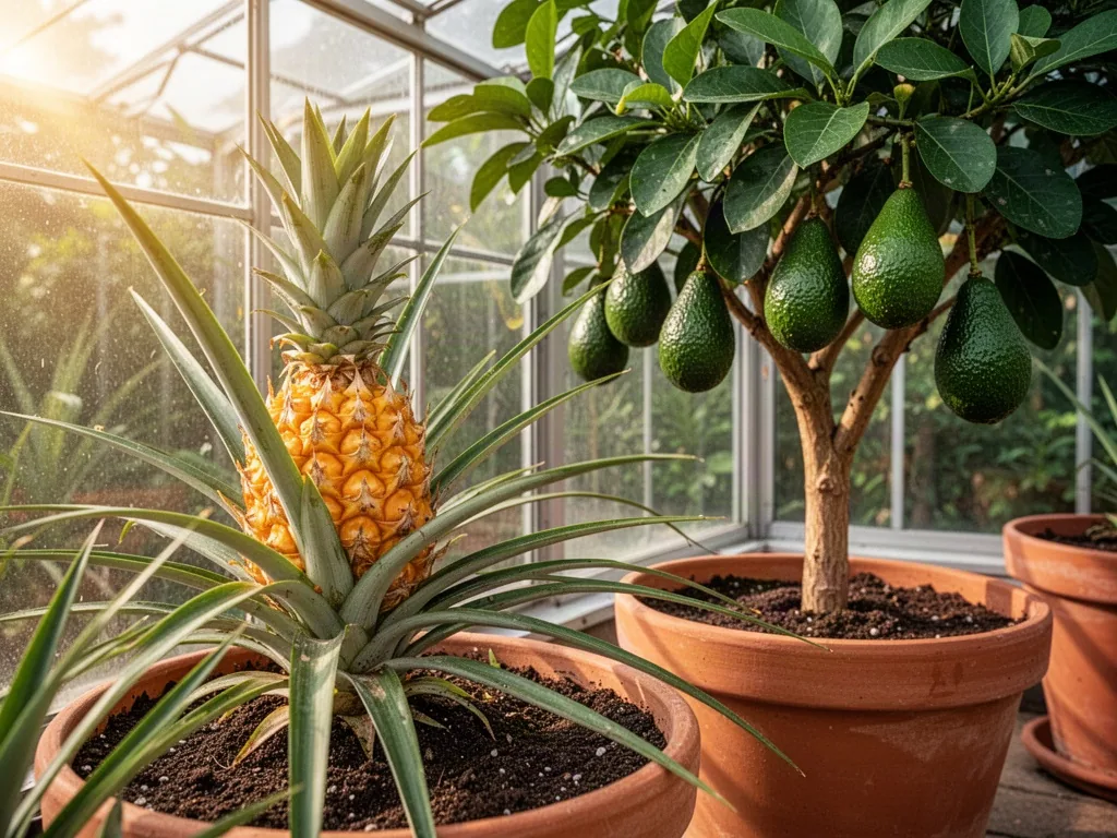 A pineapple plant with a ripe golden fruit and an avocado tree in terracotta pots, inside a glass greenhouse, warm sunbe