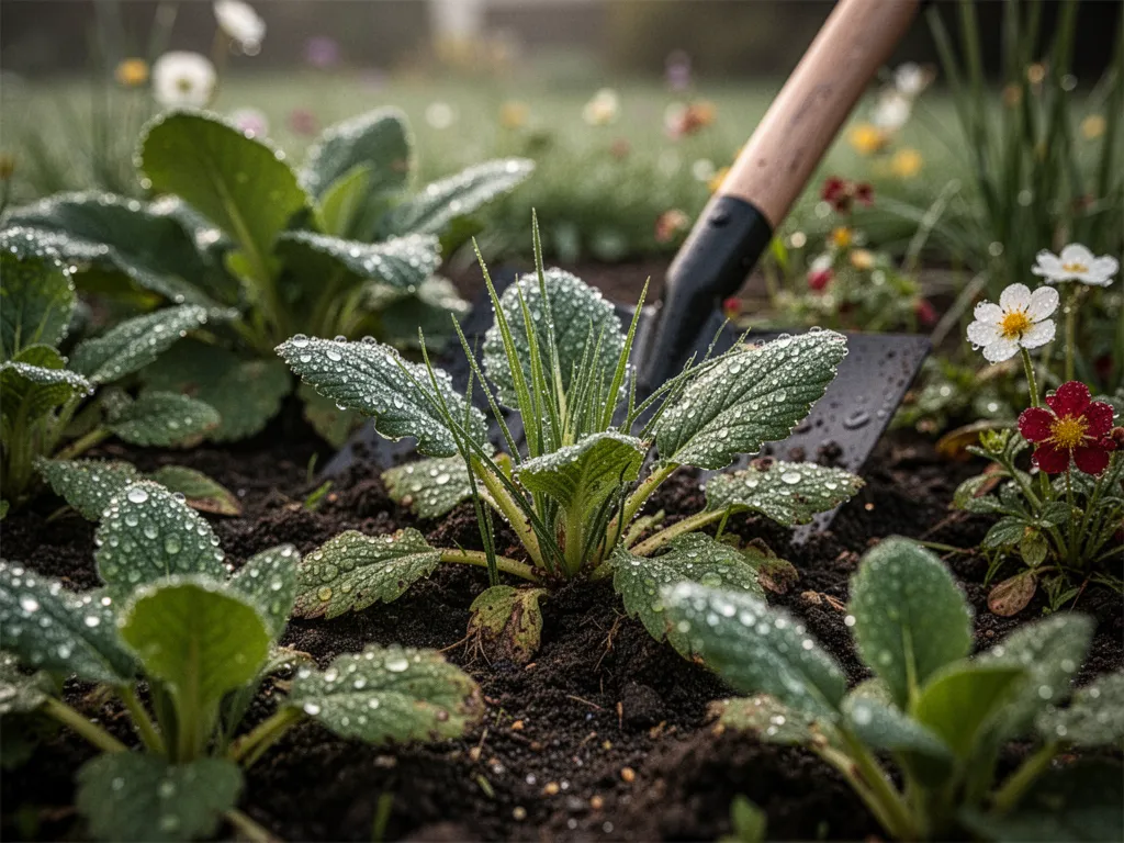 Outils de jardin posés sur une pelouse, dont tondeuse, râteau, rouleau et cisaille