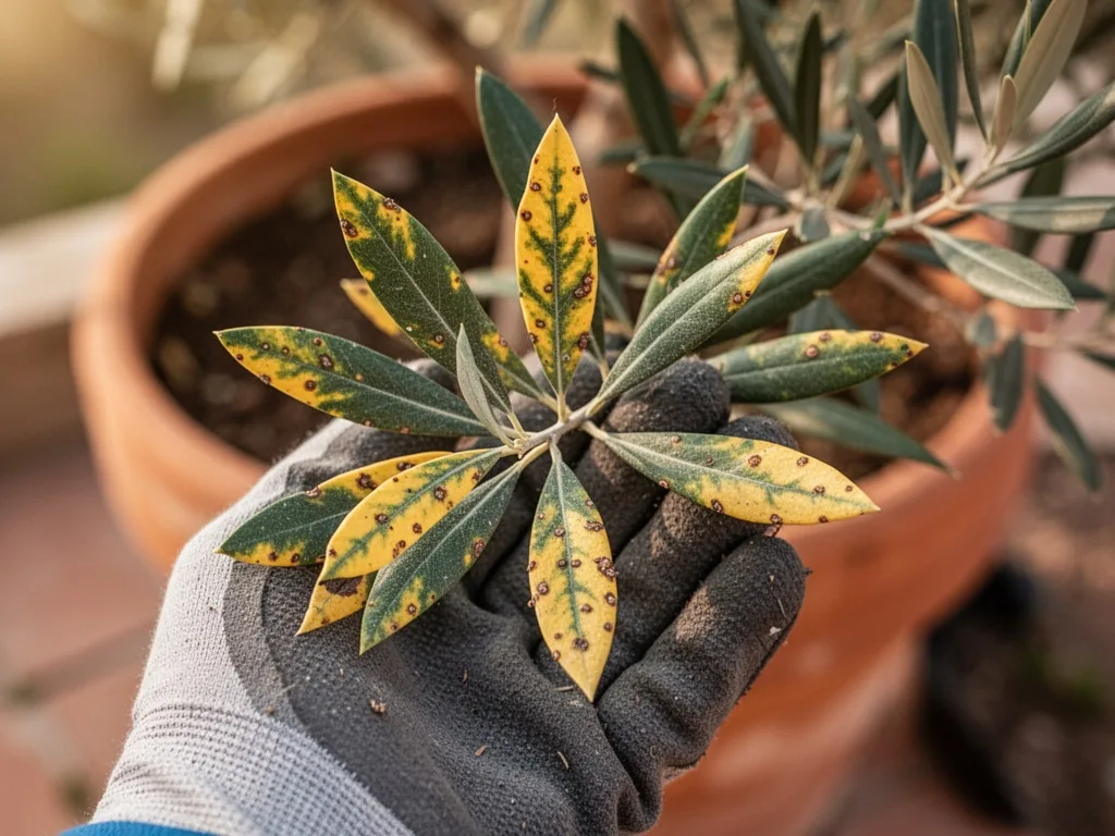 A close-up of olive tree leaves with yellowing edges and tiny brown spots, held between a gardener's gloved fingers, aga