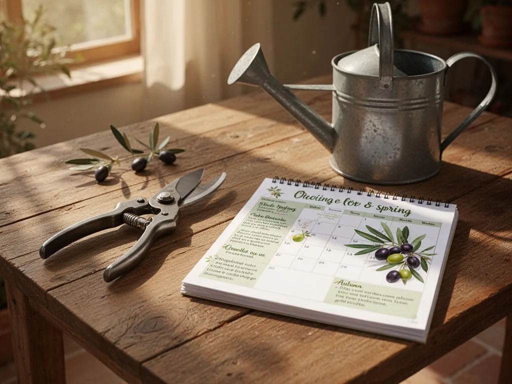 A wooden table with pruning shears, a watering can, and a spiral-bound calendar open to olive care notes for spring, aut