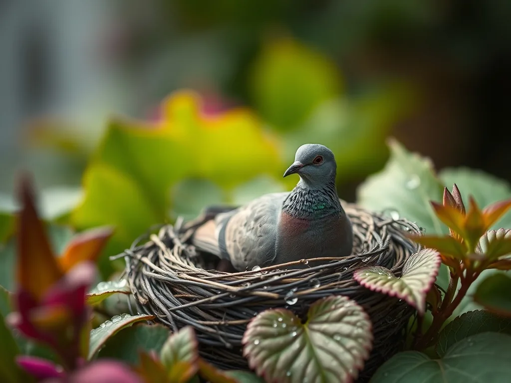 Un nid de pigeon biset posé sur un rebord de balcon entre un pot en terre cuite et un store, avec deux œufs blancs visibles