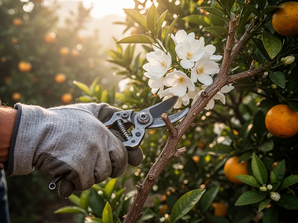 A gardener's gloved hand holding sharp pruning shears cutting a woody stem of a Mexican orange bush, white flowers behin