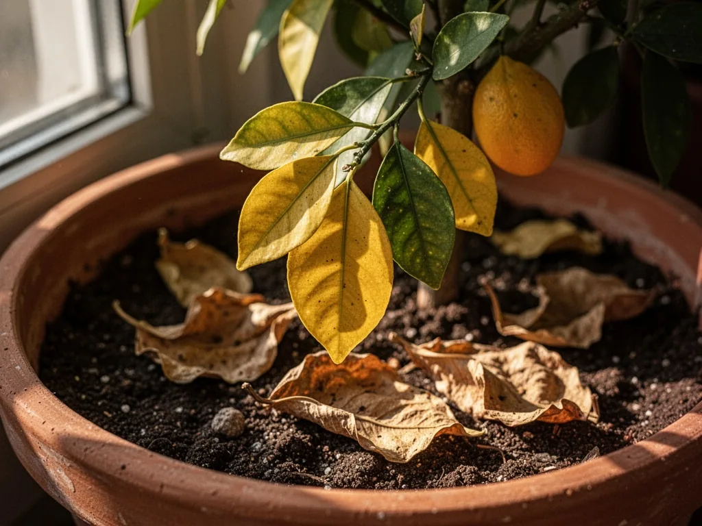 Yellow leaves clinging to a Mexican orange branch and dried fallen leaves on dark potting soil, afternoon window light c