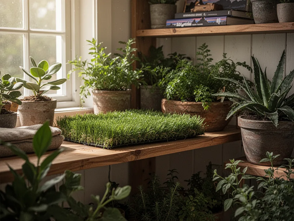 Gazon dense et vert dans un jardin, bordé de plantes vivaces