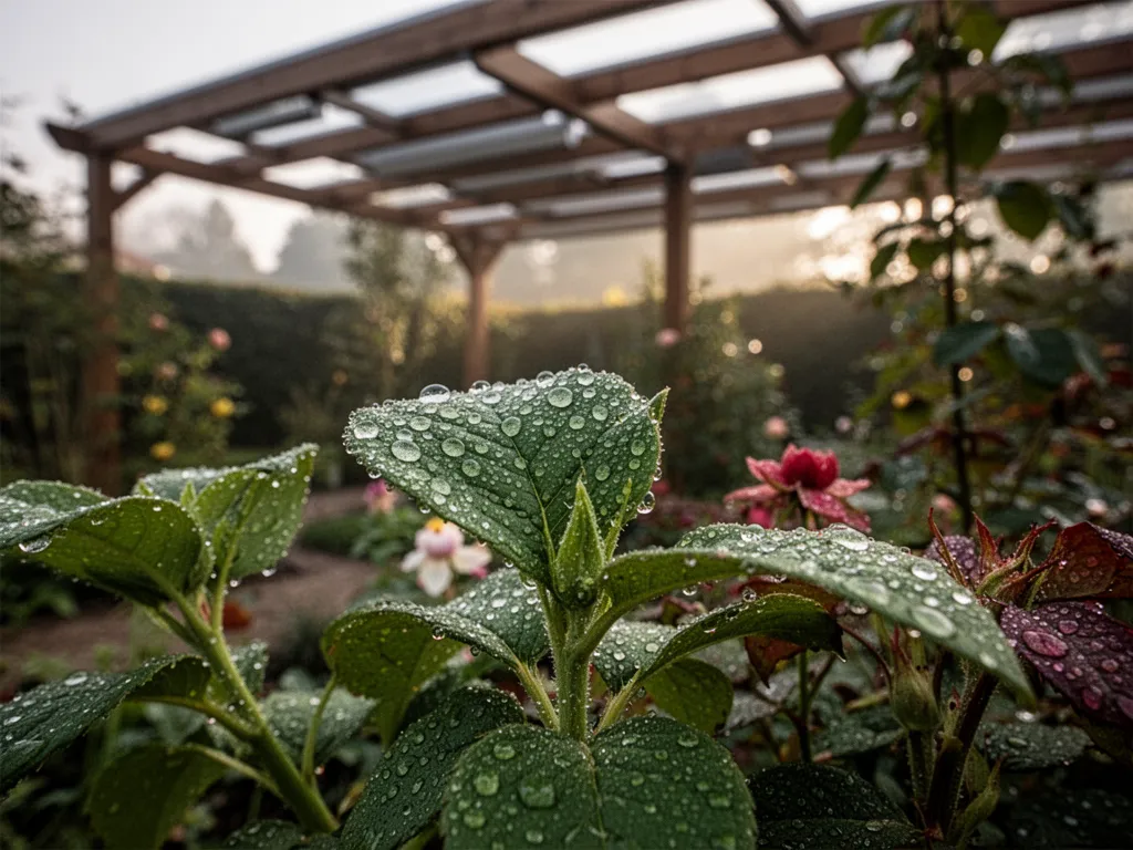 Pergola moderne à lames orientables posée sur une terrasse en bois, entourée de plantes