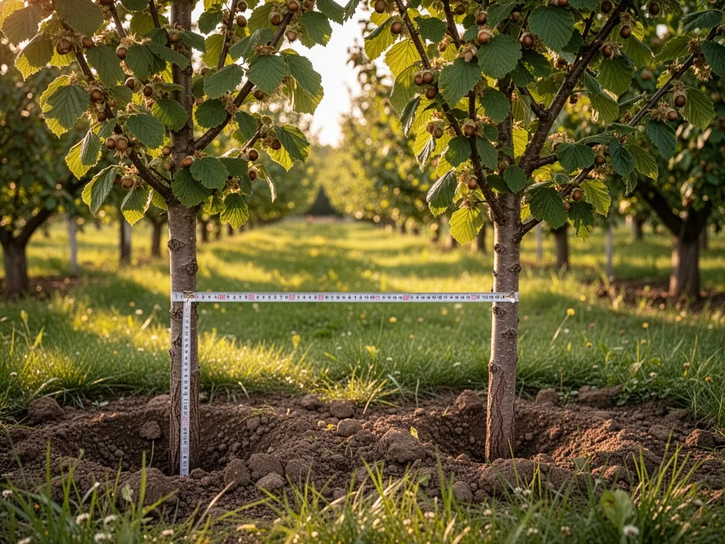 Two young hazelnut trees planted in a sunny orchard, a measuring tape stretched between their trunks, soft soil and gras