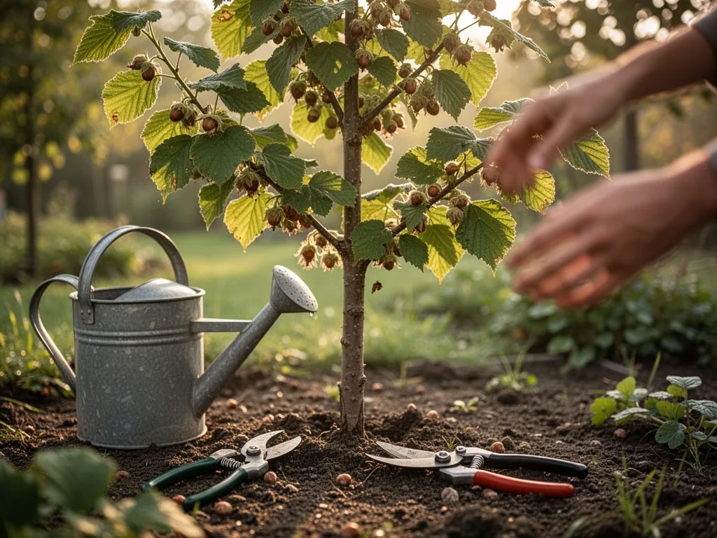 A young hazelnut tree with a watering can nearby, pruning shears resting on the ground, a blurred hand reaching toward t