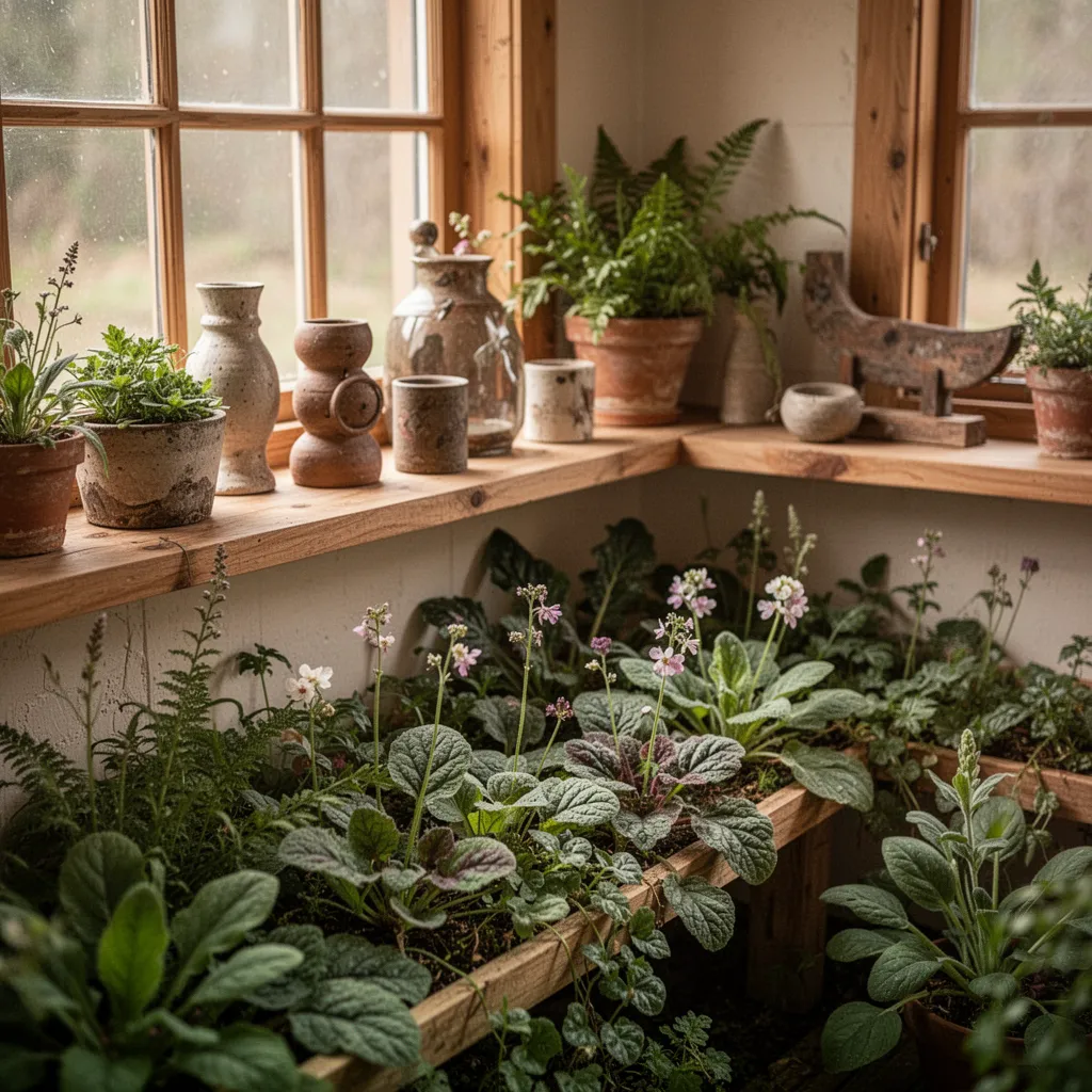 Tapis de couvre-sol vivaces formant un plateau de feuillages variés au pied d'un massif