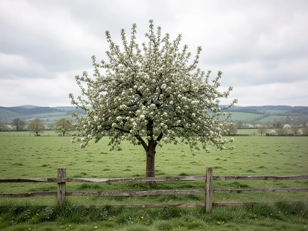 A solitary apple tree in a vast empty meadow, branches covered with white blossoms, a wooden fence in foreground, soft c