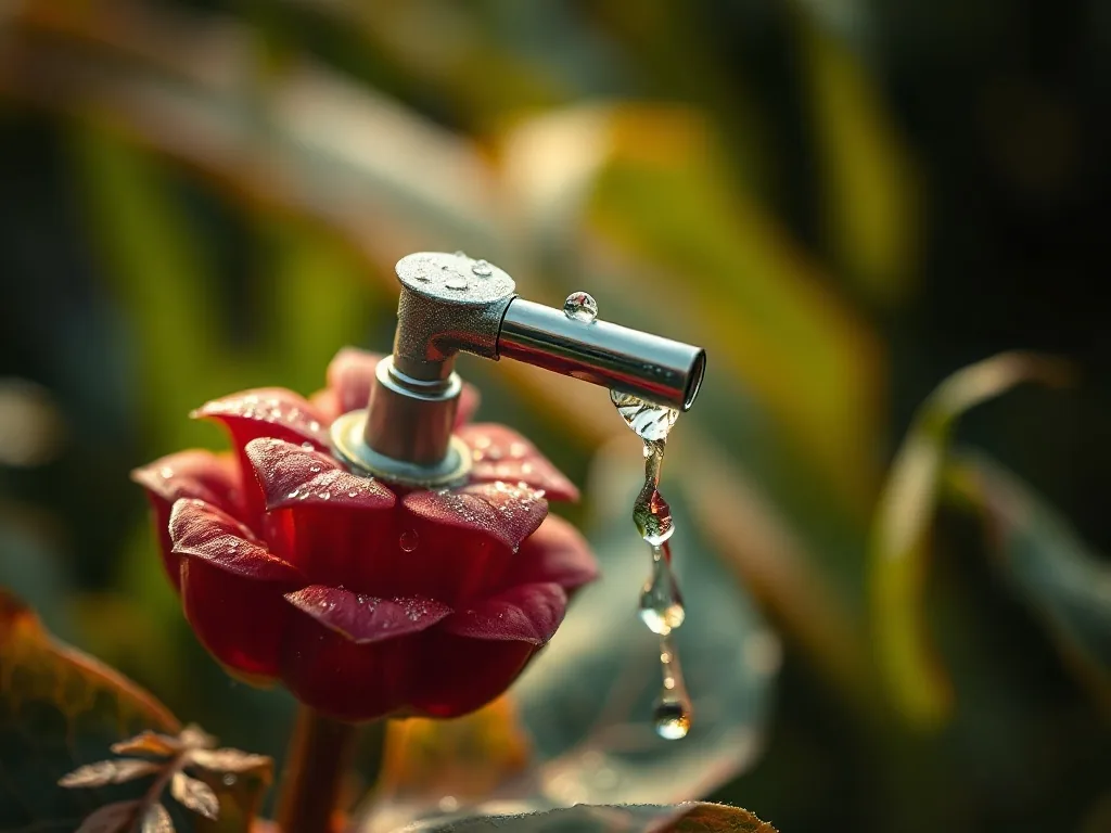Une pompe de fontaine immergée dans un bassin, de l'eau jaillit d'une buse en forme de champignon, entourée de nénuphars et
