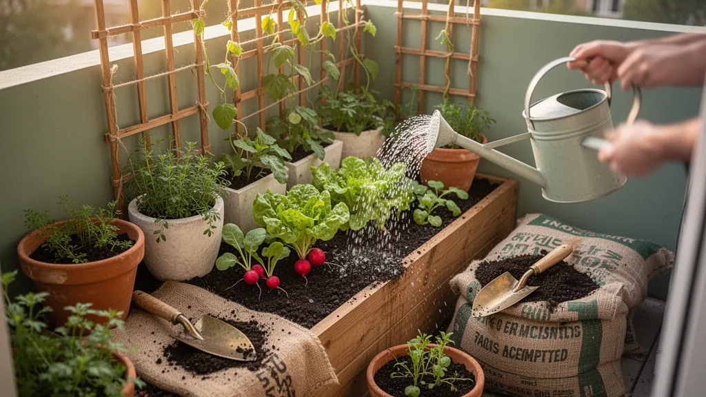 Potager en carrés avec plants de tomates et aromatiques sur une terrasse ensoleillée