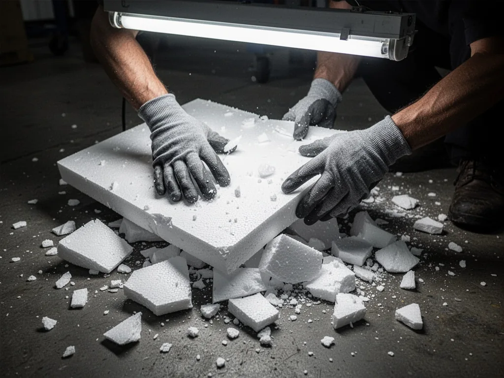 A pair of hands wearing grey gloves crushing a large white polystyrene sheet into smaller fragments on a dark industrial