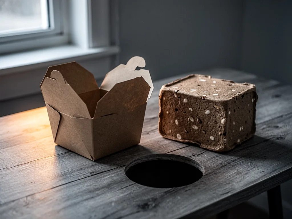 A cardboard takeout container and a brown mushroom-based packaging block placed on a wooden table, next to an empty dark