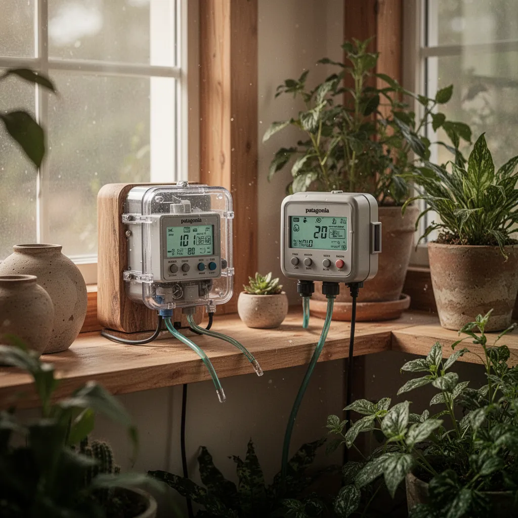 Programmateur posé près d'un robinet de jardin avec tuyaux et électrovanne