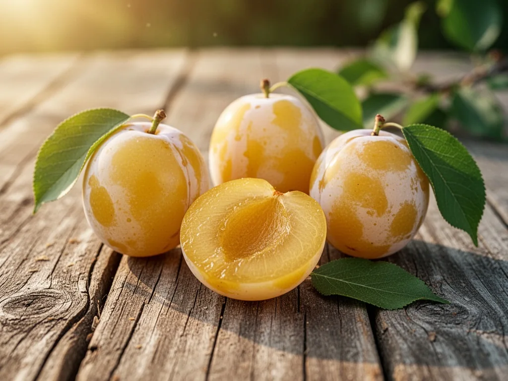 Three distinct yellow plum varieties on a weathered wooden table, one cut in half revealing golden flesh, glossy skin wi