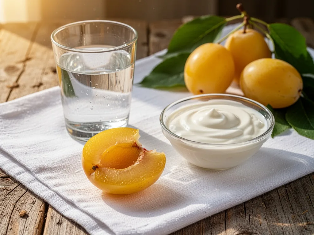 A single yellow plum sliced in half, one half with a bite mark, next to a glass of water and a small bowl of plain yogur