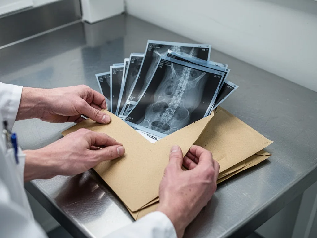 A pair of hands placing several folded x-ray films into a brown paper envelope on a metallic counter, soft overhead ligh