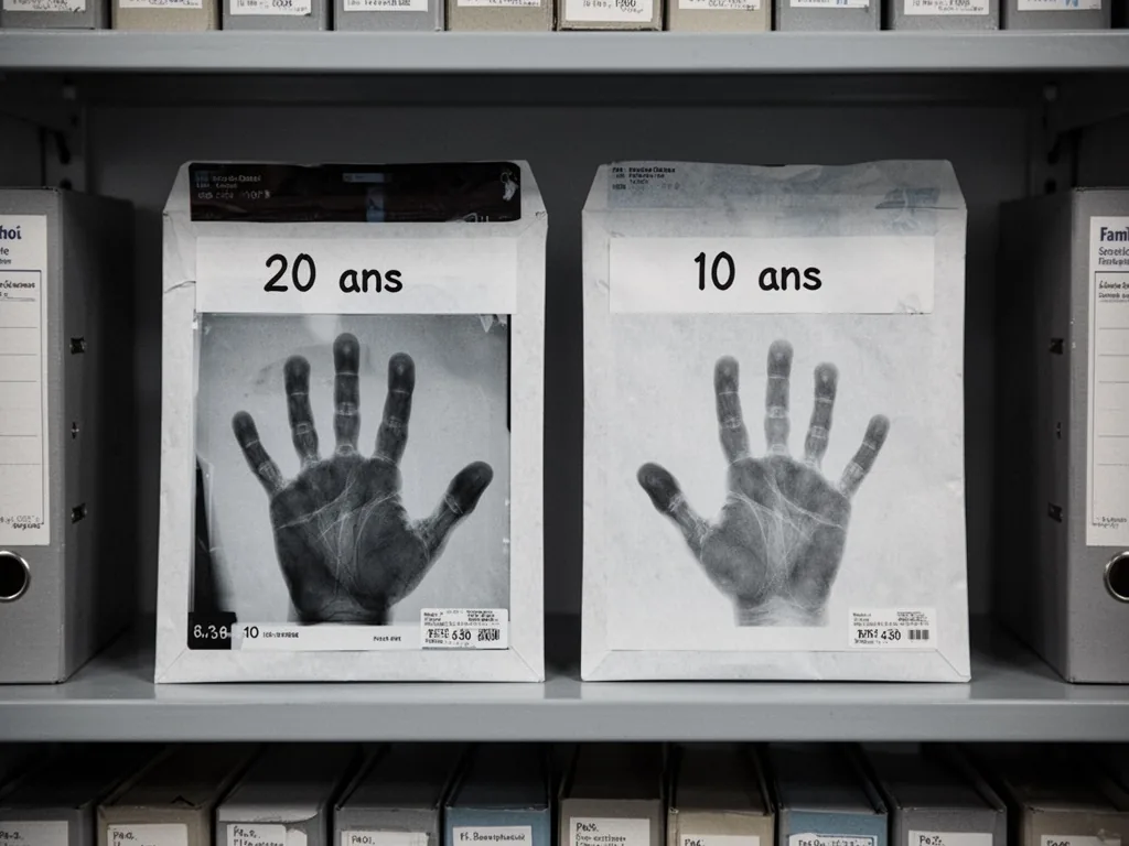 Two x-ray film envelopes side by side, one labeled '20 ans' with an adult handprint, the other '10 ans' with a child's h
