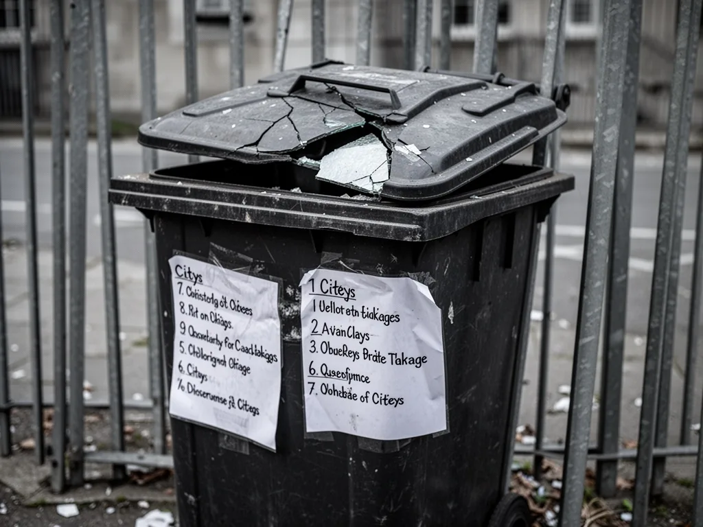 A broken black trash can with a cracked lid, leaning against a metal fence, a handwritten contact list for six cities pi