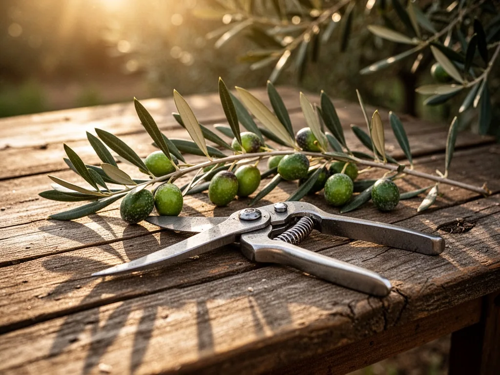 A pruning shear resting on a rough wooden table beside an olive branch with green fruit, golden afternoon sunlight filte