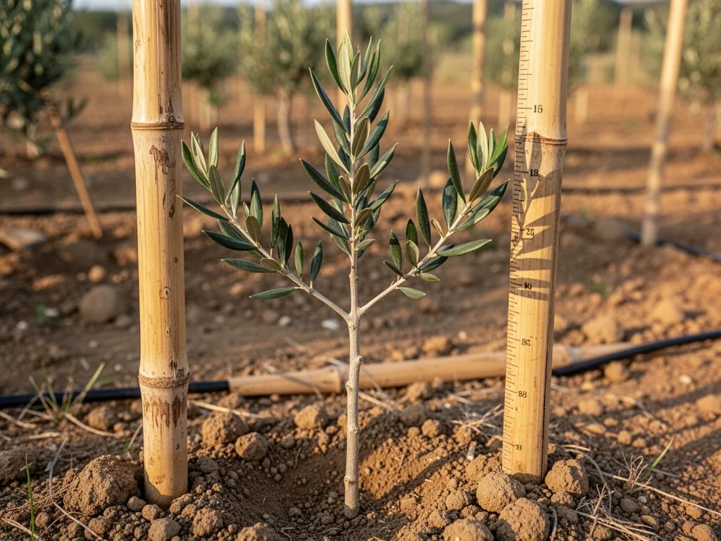 A young olive sapling with a clean central stem and three evenly spaced branches, measured bamboo stakes in dry soil, mo