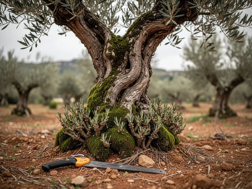 An old twisted olive trunk with thick moss and dense suckers at base, pruning saw on the ground, overcast soft light